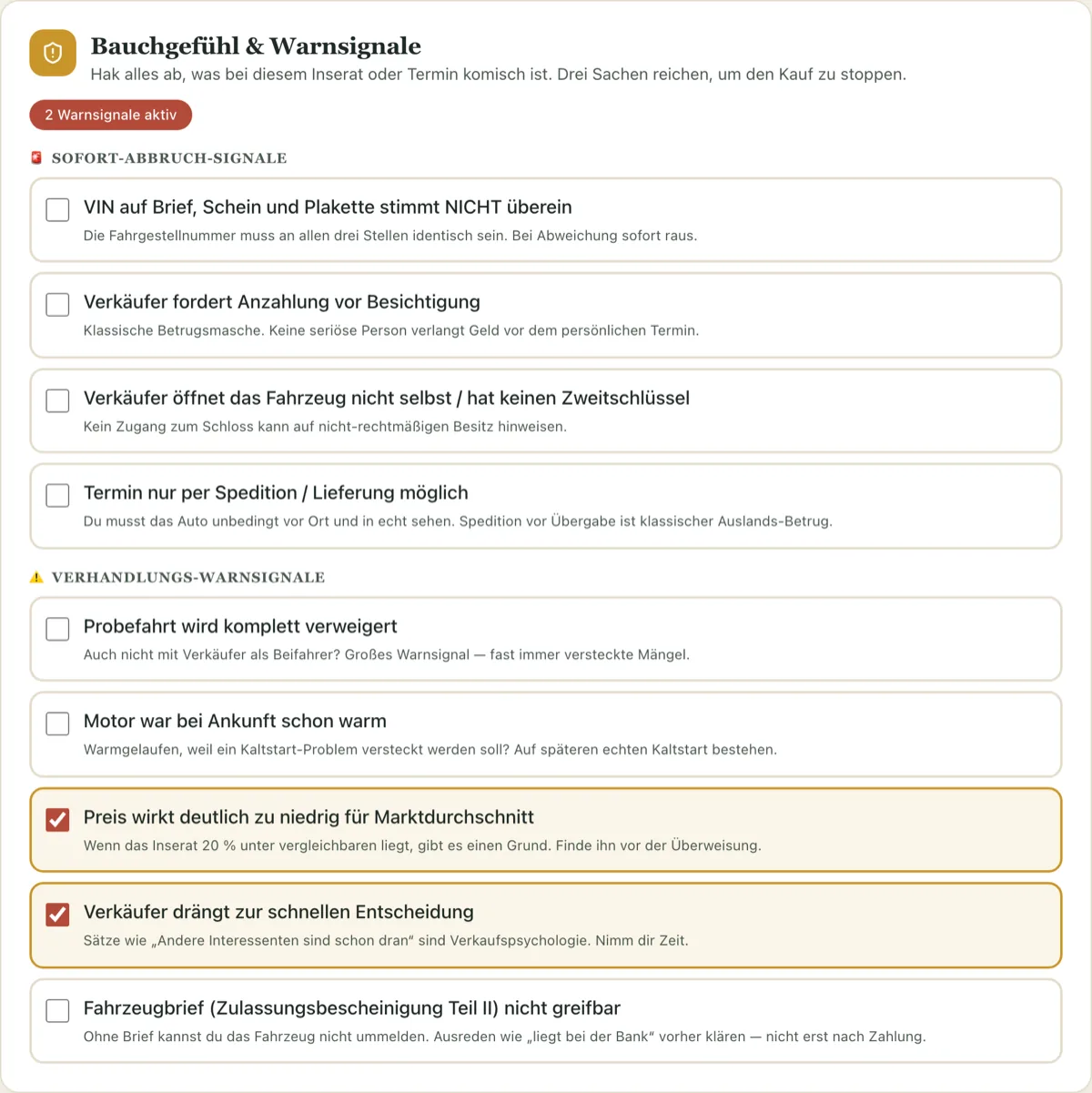Screenshot aus der App: Anti-Betrugs-Karte mit Sofort-Abbruch-Signalen wie VIN-Mismatch und Anzahlung vor Besichtigung sowie zwei aktiven Verhandlungs-Warnsignalen
