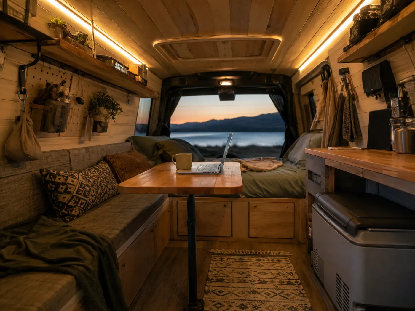 Gemütlicher Camper-Ausbau am Abend mit warmem LED-Licht, Laptop und Kompressor-Kühlbox