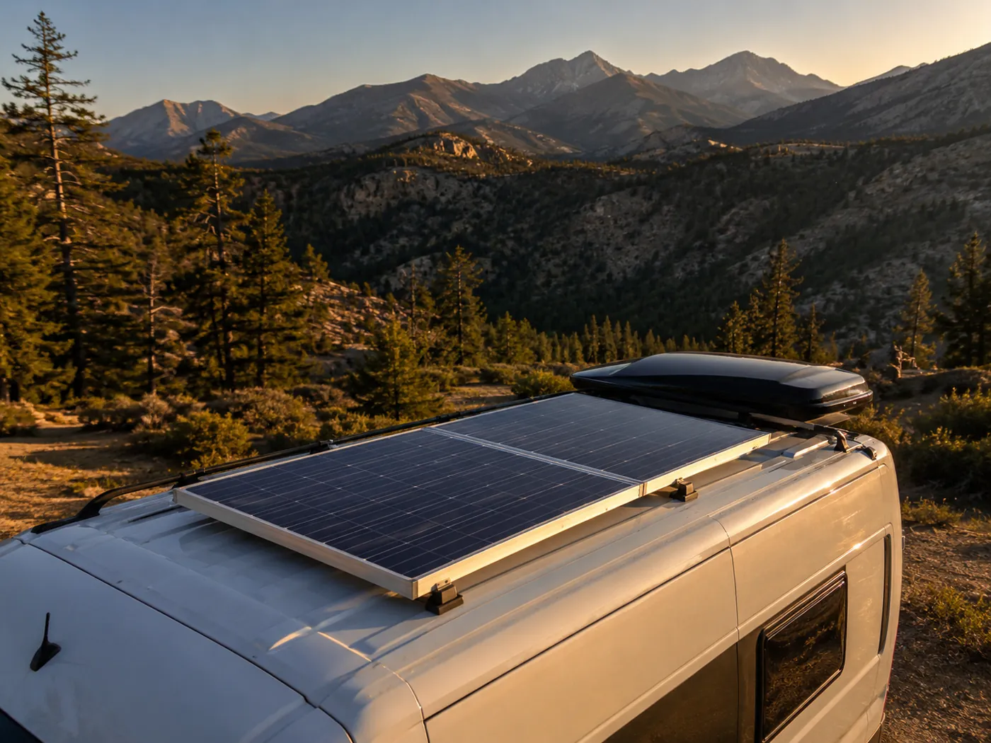 Camper-Van mit zwei starren Solarmodulen auf dem Dach in bergiger Landschaft bei goldenem Abendlicht